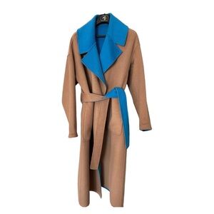 Essential Antwerp camel / turquoise reversible thick wool wrap coat pockets $900